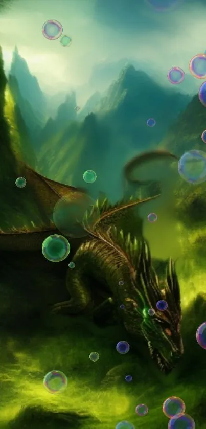 A mystical dragon amid bubbles in a lush, green forest landscape.