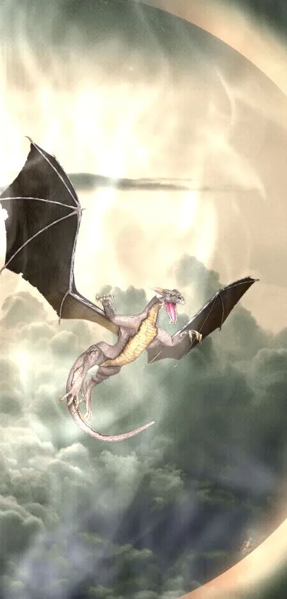 Mystical dragon soaring through ethereal clouds with a luminous backdrop.