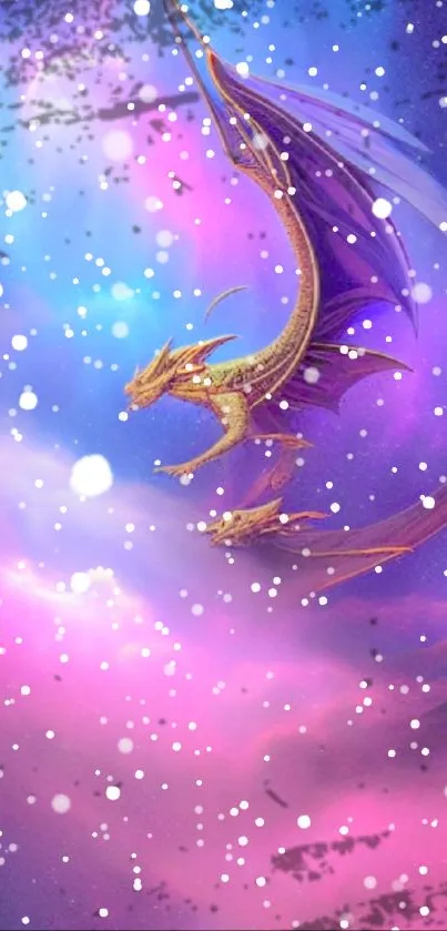 Vibrant dragon wallpaper with colorful sky and cosmic elements.