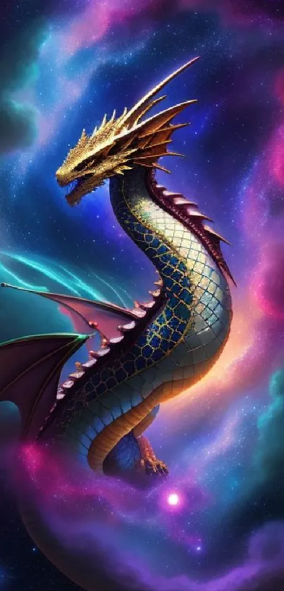 Majestic dragon surrounded by colorful cosmic clouds in a stunning phone wallpaper.