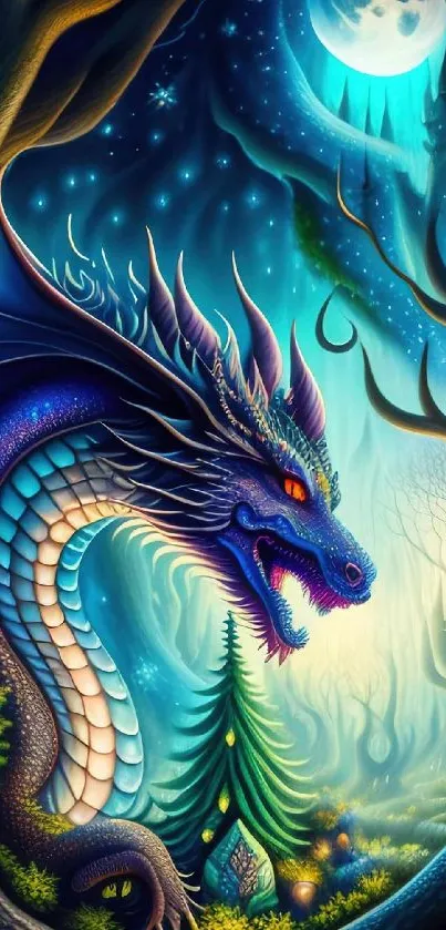 A mystical dragon in an enchanted forest, under moonlight, with vibrant colors.