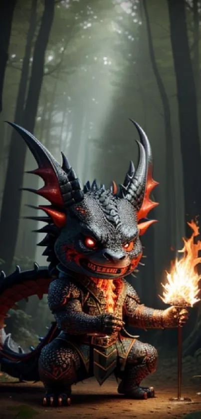 A mystical dragon holding a torch in a dark forest setting.