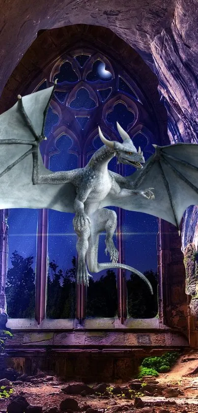 Dragon flying in gothic ruins by night sky.