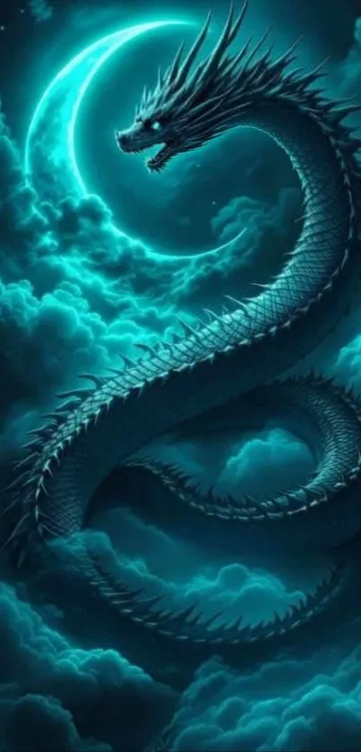 Mystical dragon spiraling in teal moonlight sky.