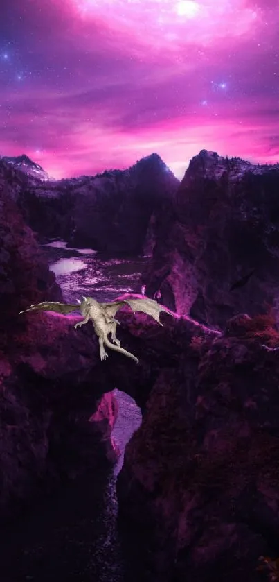 Dragon flying in a purple night sky over rocky mountains.