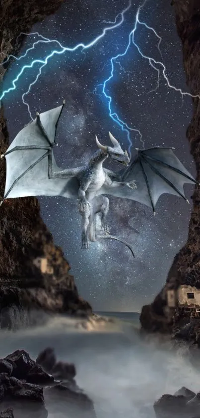 A white dragon flying amidst lightning and cliffs at night.