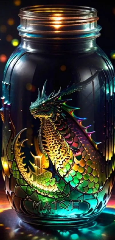 Colorful dragon inside a glowing jar, fantasy mobile wallpaper.