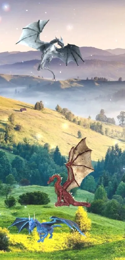 Dragons flying over a lush green hilly landscape at sunrise.