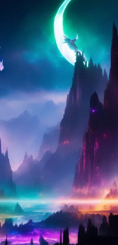 Mystical dragon and neon mountain landscape wallpaper.