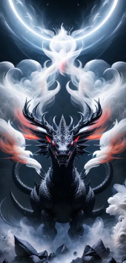 A powerful dragon emitting smoke and glowing amidst a dark ethereal background.