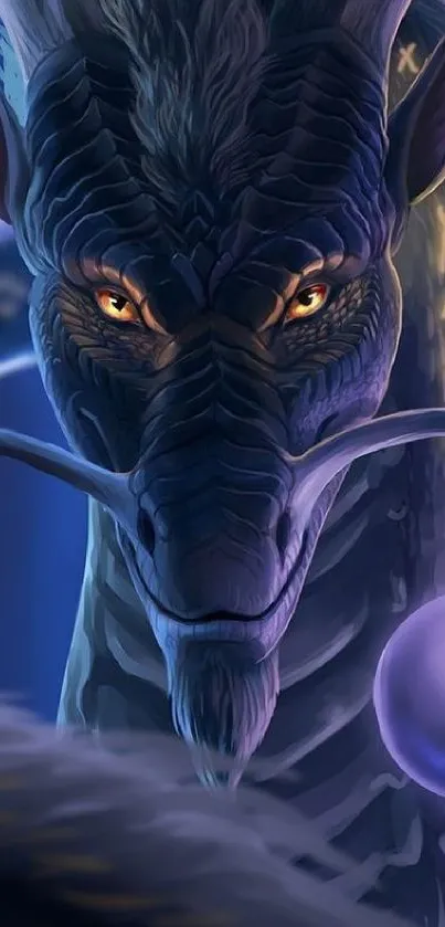 Mystical dragon with glowing eyes and deep blue colors on mobile wallpaper.