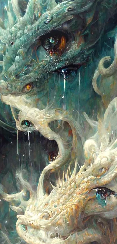 Mystical dragons depicted in fantasy art with rich colors and textures.