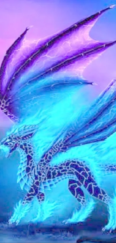 Blue and purple dragon under twilight sky in enchanting nature scenery.