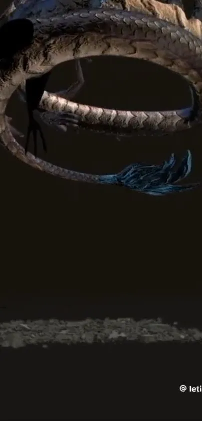 A mystical dragon circling in a dark background, perfect for fantasy enthusiasts.