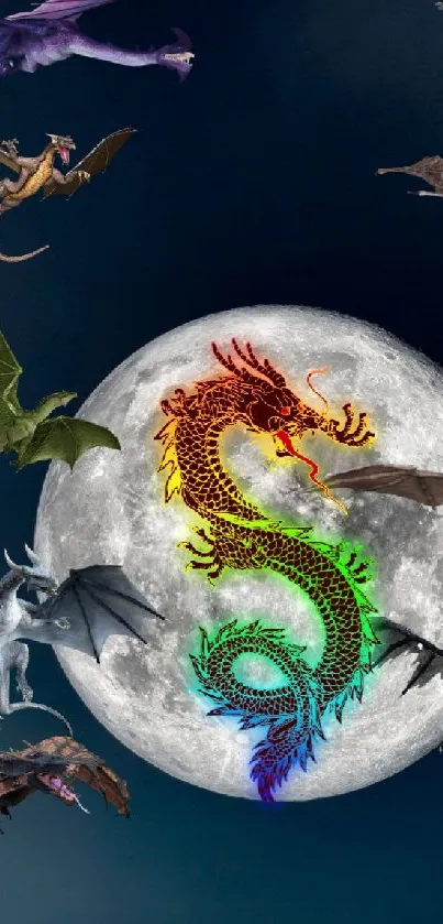 Fantasy dragon wallpaper with moon and colorful creatures.