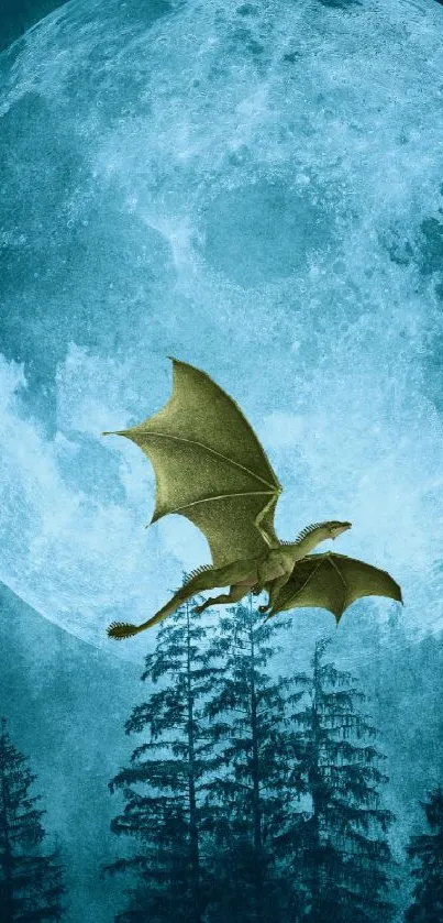 Dragon flying over forest with full moon backdrop.