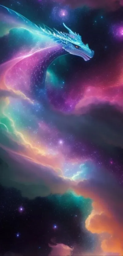 Fantasy wallpaper with a dragon in a colorful, starry nebula.