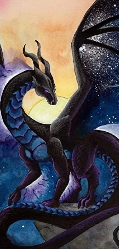 Dark dragon in a starry night sky with vibrant colors.