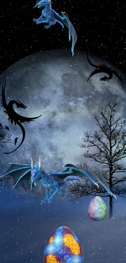 Mystical scene with dragons flying under a moonlit night sky and magical eggs.