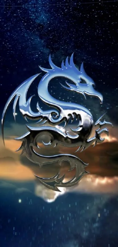 Silver dragon in a starry night sky wallpaper.