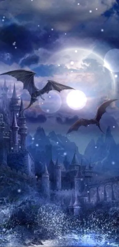 Dragons fly over a magical castle under a moonlit sky.