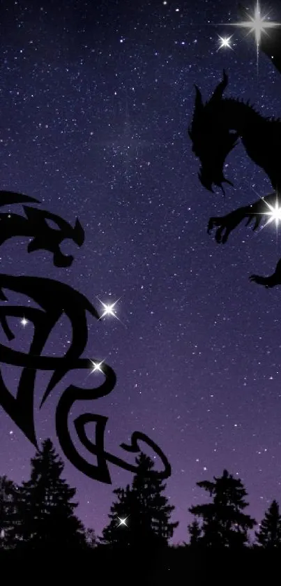 Silhouetted dragons against a starlit night sky with trees.