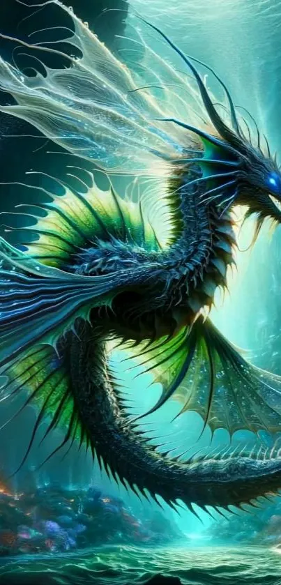 Vibrant mystical ocean dragon in fantasy setting.