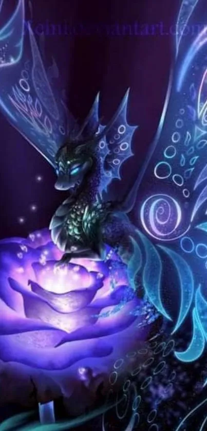 Mystical dragon perched on luminous purple flower in enchanting digital art.