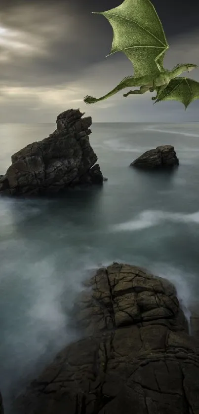 A green dragon flies over a rocky ocean under a cloudy sky.