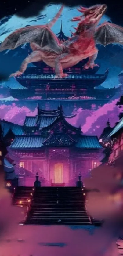 Dragon flying over a mystical temple at night.