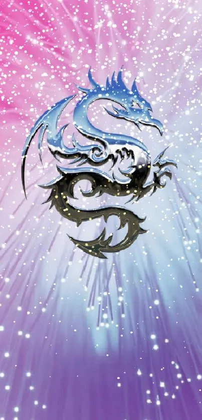 Mystical dragon with blue and pink glow on phone wallpaper.