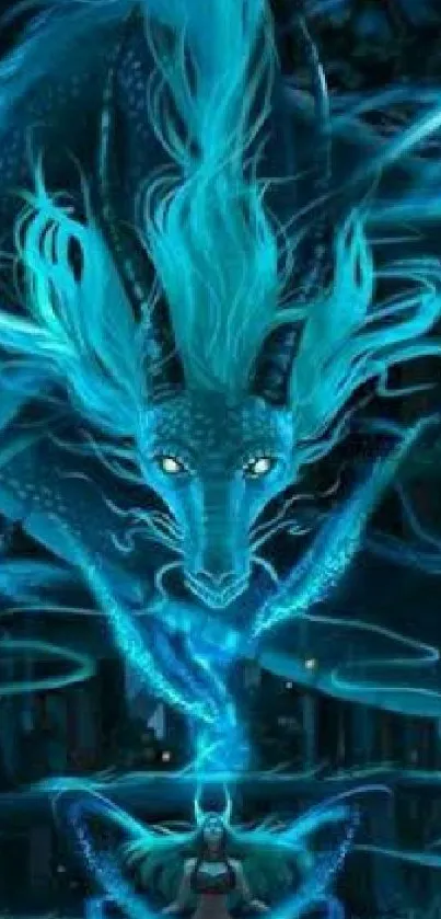 Mystical blue dragon phone wallpaper with glowing aura.