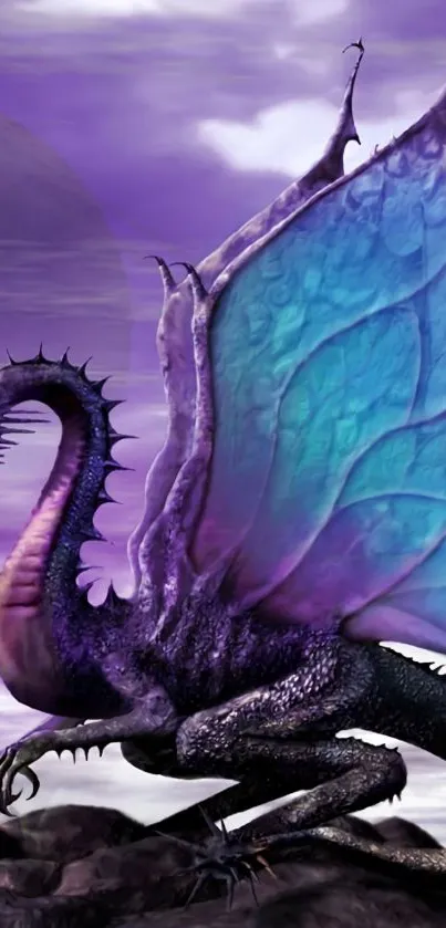 Mystical dragon with vibrant purple and blue wings on a cloudy background.