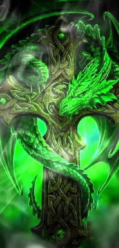 Green dragon intertwined with Celtic cross design.