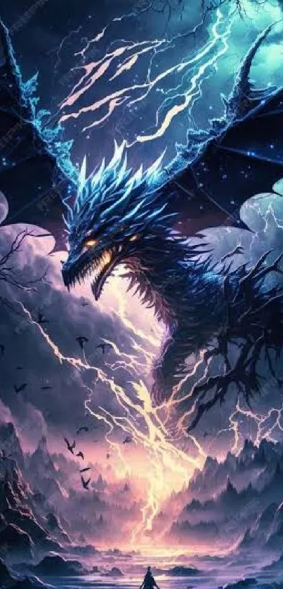 Blue dragon amidst a storm with lightning in the sky.