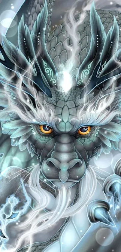 Ice-blue ethereal dragon wallpaper with mystical and intricate details.