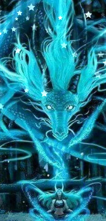 Mystical glowing dragon in ethereal blue light.