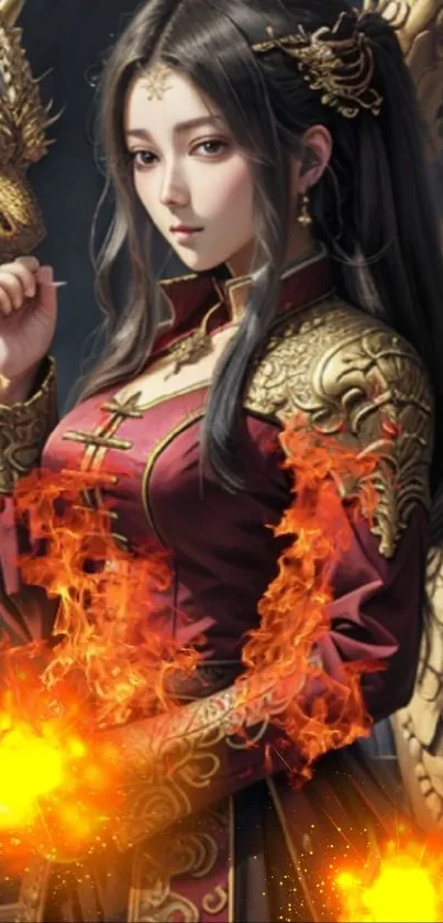 Fantasy dragon princess with fiery hands in detailed royal attire.