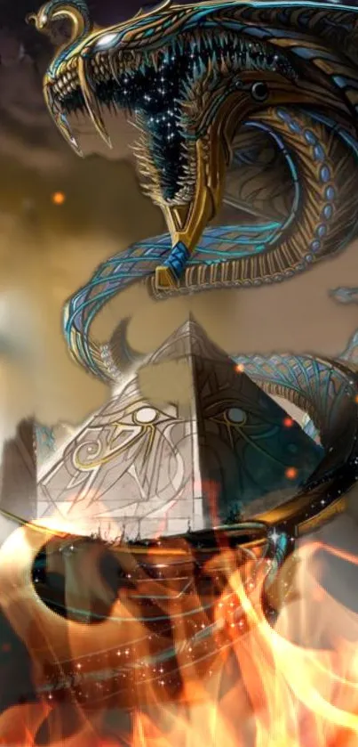 Mystical dragon coiled around a pyramid with fire in fantasy art.