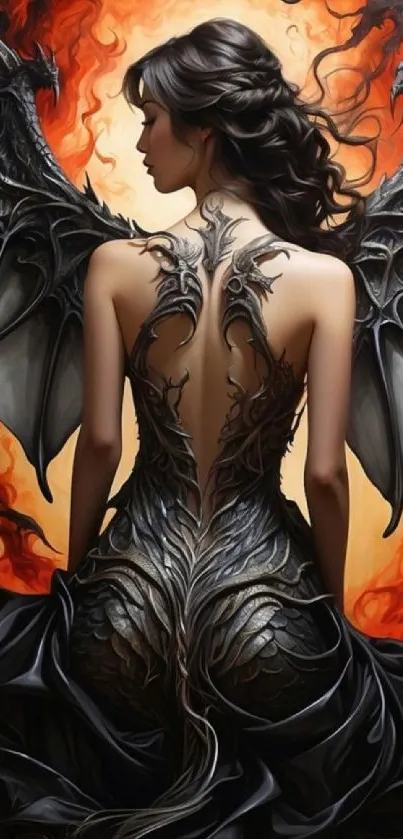 Mystical woman with dragon wings in fiery art design.