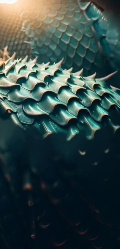 Close-up of textured teal dragon scales illuminated by golden light.