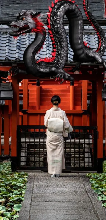 Japanese shrine with black dragon and red accents.