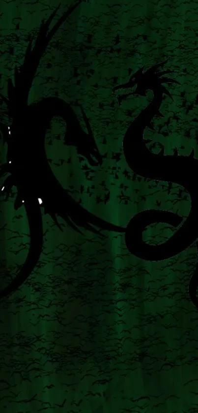 Dark silhouette of a dragon on a rich green backdrop, enhancing its mystical allure.