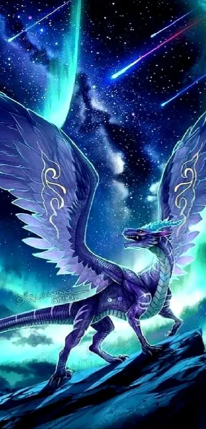 A mystical dragon with cosmic sky and aurora backdrop.