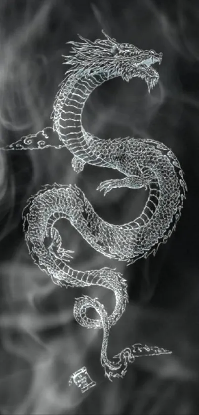 Mystical dragon design with smoke on a black background.