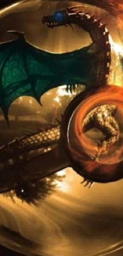 Dragon with teal wings encased in a sphere, with fiery background.