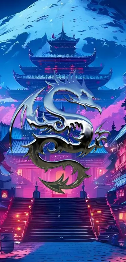 Mystical dragon with temple backdrop in vibrant colors.