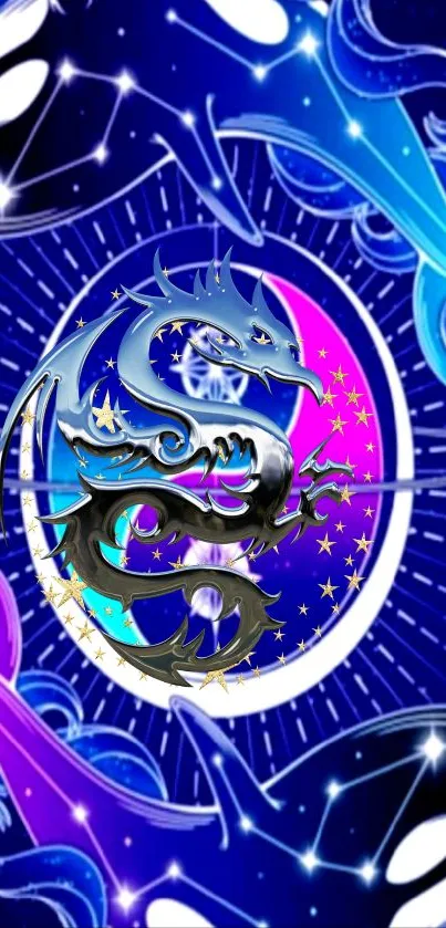 Mystical dragon and orcas with vibrant blue and pink colors.