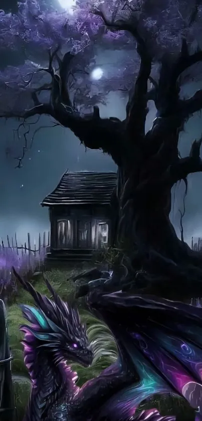 Purple dragon beside a moonlit tree and cottage at night.