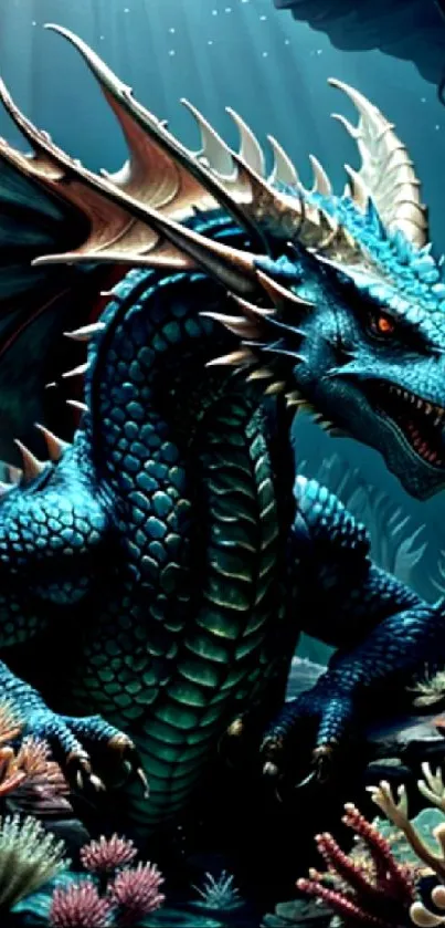 Mystical blue dragon in underwater coral reef scene.